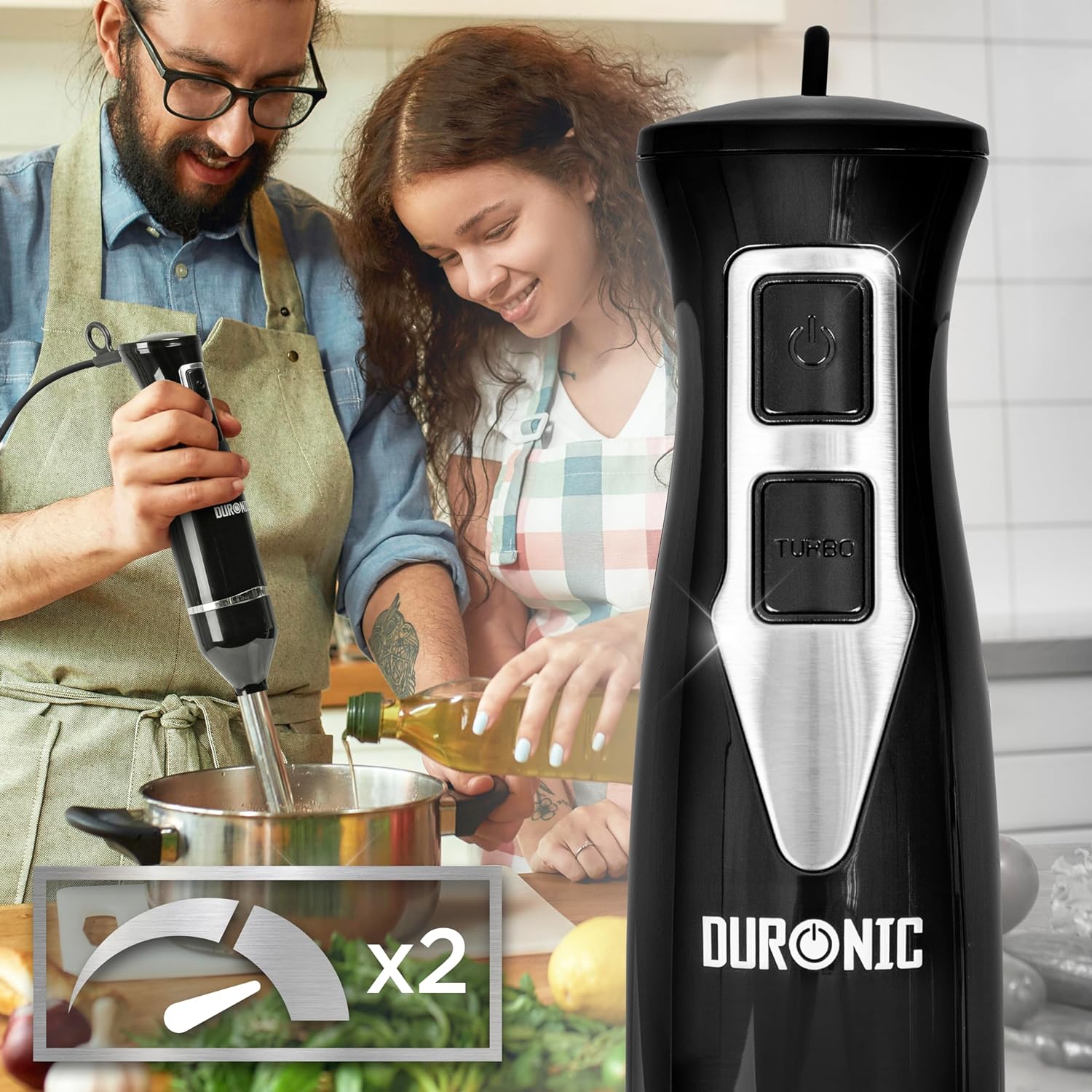Duronic HB35B Mixeur plongeant à main 350W | 2 Réglages de Vitesses | 2 lames en acier inoxydable | Axe en inox | Résiste à la chaleur | Idéal pour Pâtisserie Smoothie Glaçage Purée Fruits Légumes