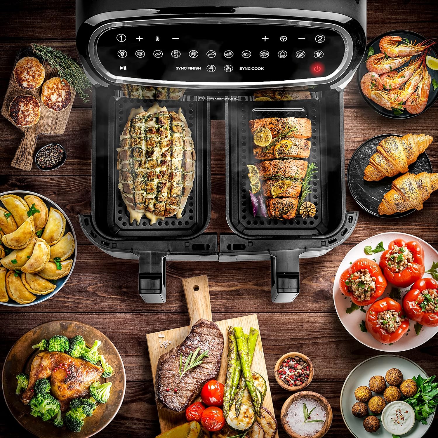 Duronic AF34 BK Set Friteuse à Air avec 1 grand tiroir de 10L et 2 petits tiroirs de 5L inclus | 10 Programmes de Cuisson Préréglés | Sans huile | Fonctions Sync Cook Sync Finish