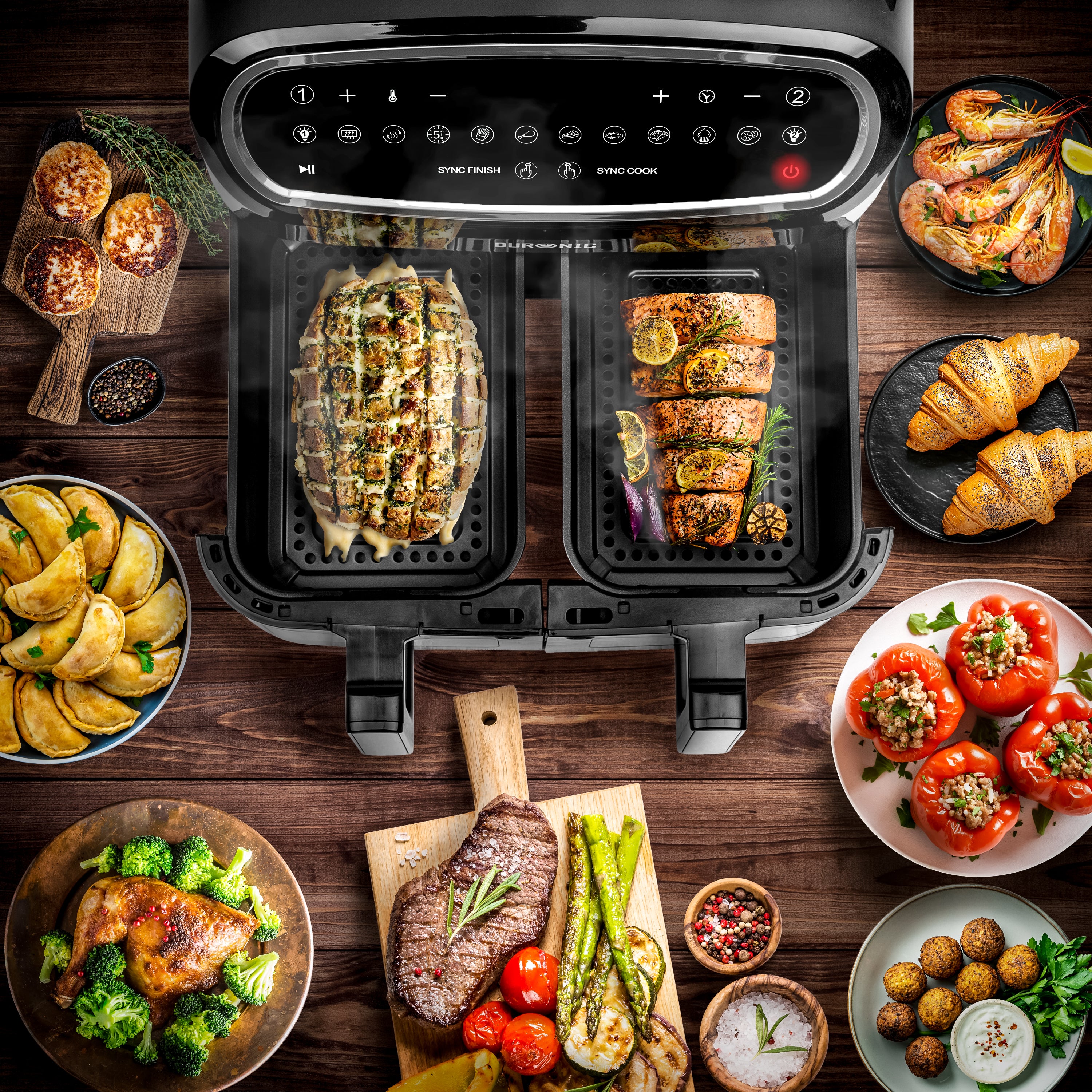 Duronic AF24 Friteuse à air de 2400 W | Deux tiroirs de cuisson de 5 litres chacun | Fonctions Sync Cook et Sync Finish | 10 modes de cuisson préréglés | Sans huile | Commande numérique tactile