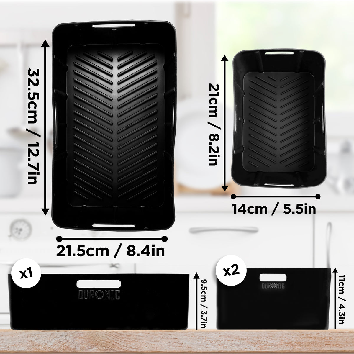 Duronic AFL3 montrant les dimensions des plateaux : 1 grand et 2 petits