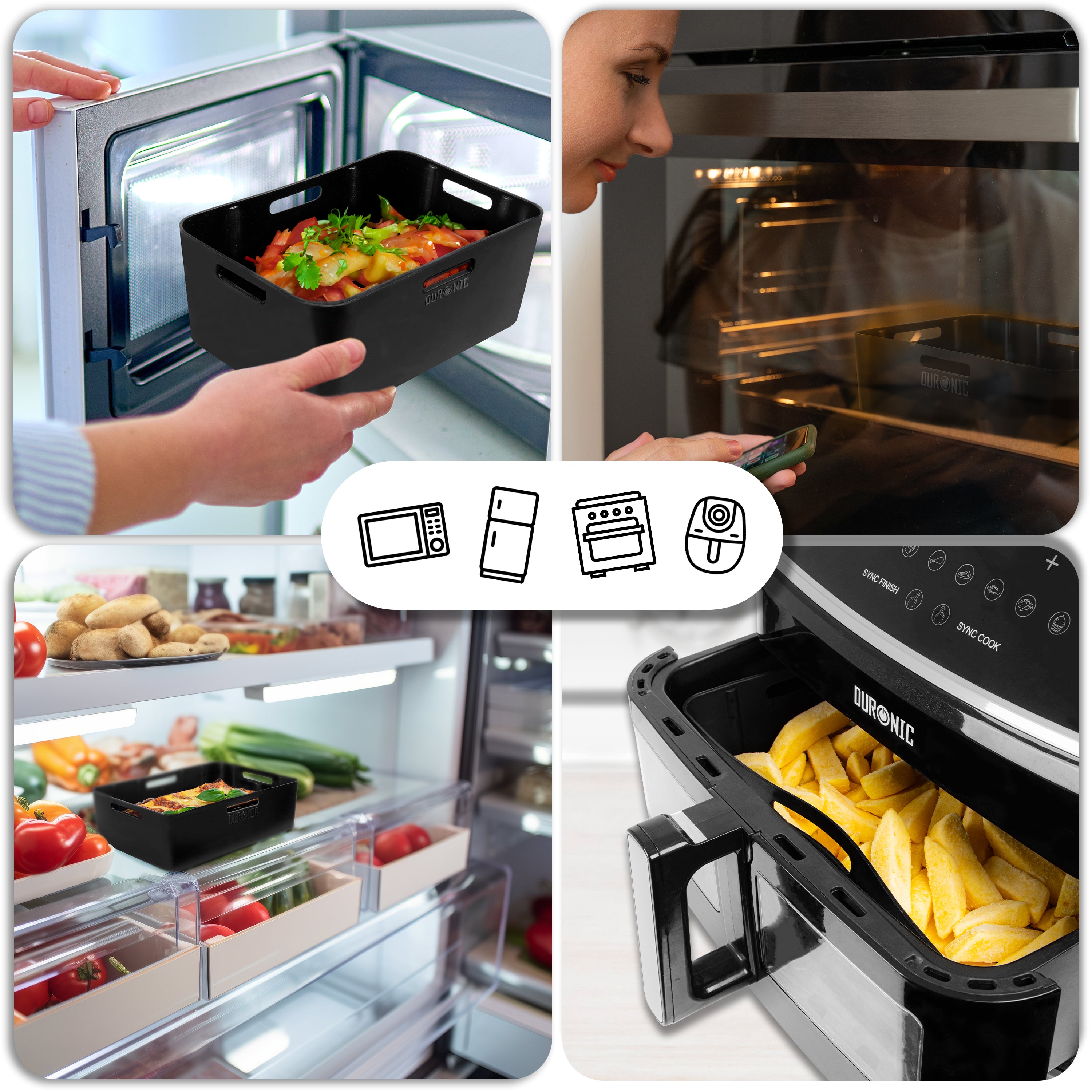 Duronic AFL3 montrant sa compatibilité avec le four, le micro-ondes, le réfrigérateur et l’air fryer