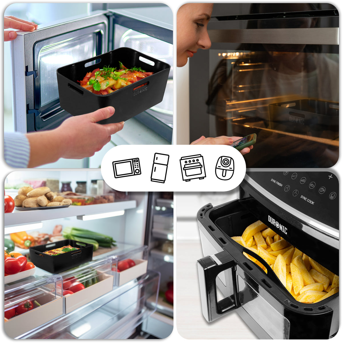 Duronic AFL3 montrant sa compatibilité avec le four, le micro-ondes, le réfrigérateur et l’air fryer