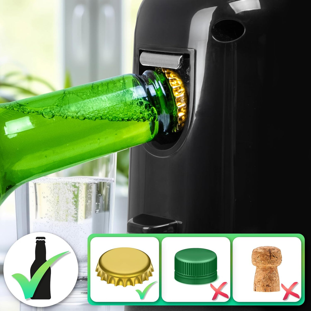 Duronic CO40 BK montrant l’ouverture des bouteilles avec capsules métalliques.