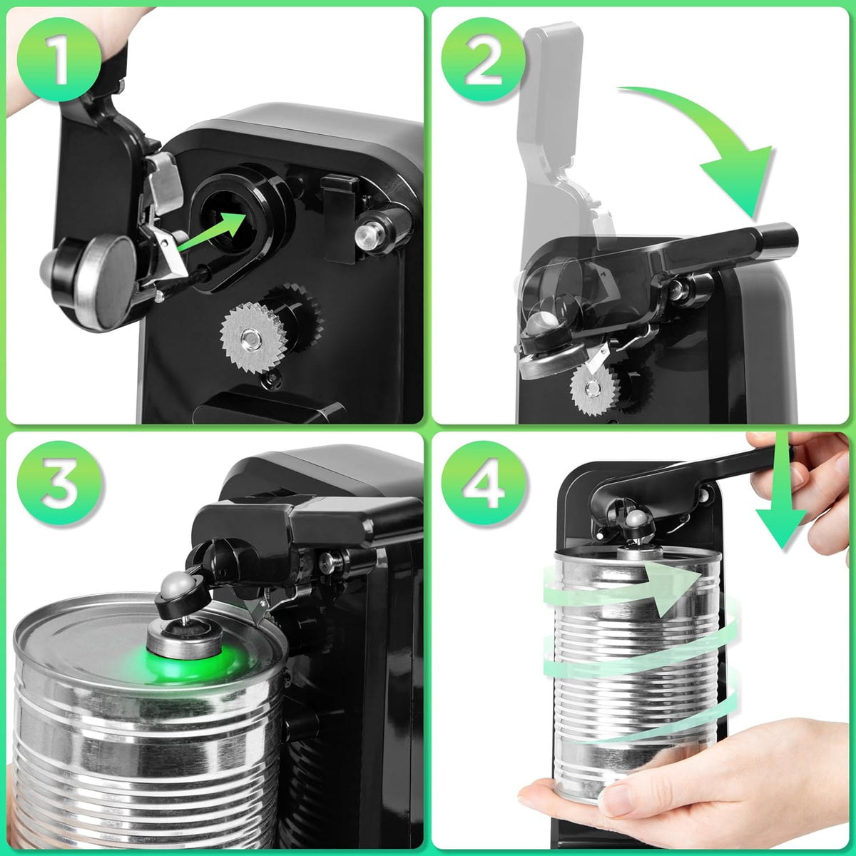Duronic CO40 BK montrant les étapes d’utilisation pour ouvrir une conserve facilement.