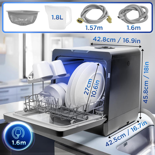 Duronic DW5 BK Lave-vaisselle compact  montrant les accessoires et les diamètres. 