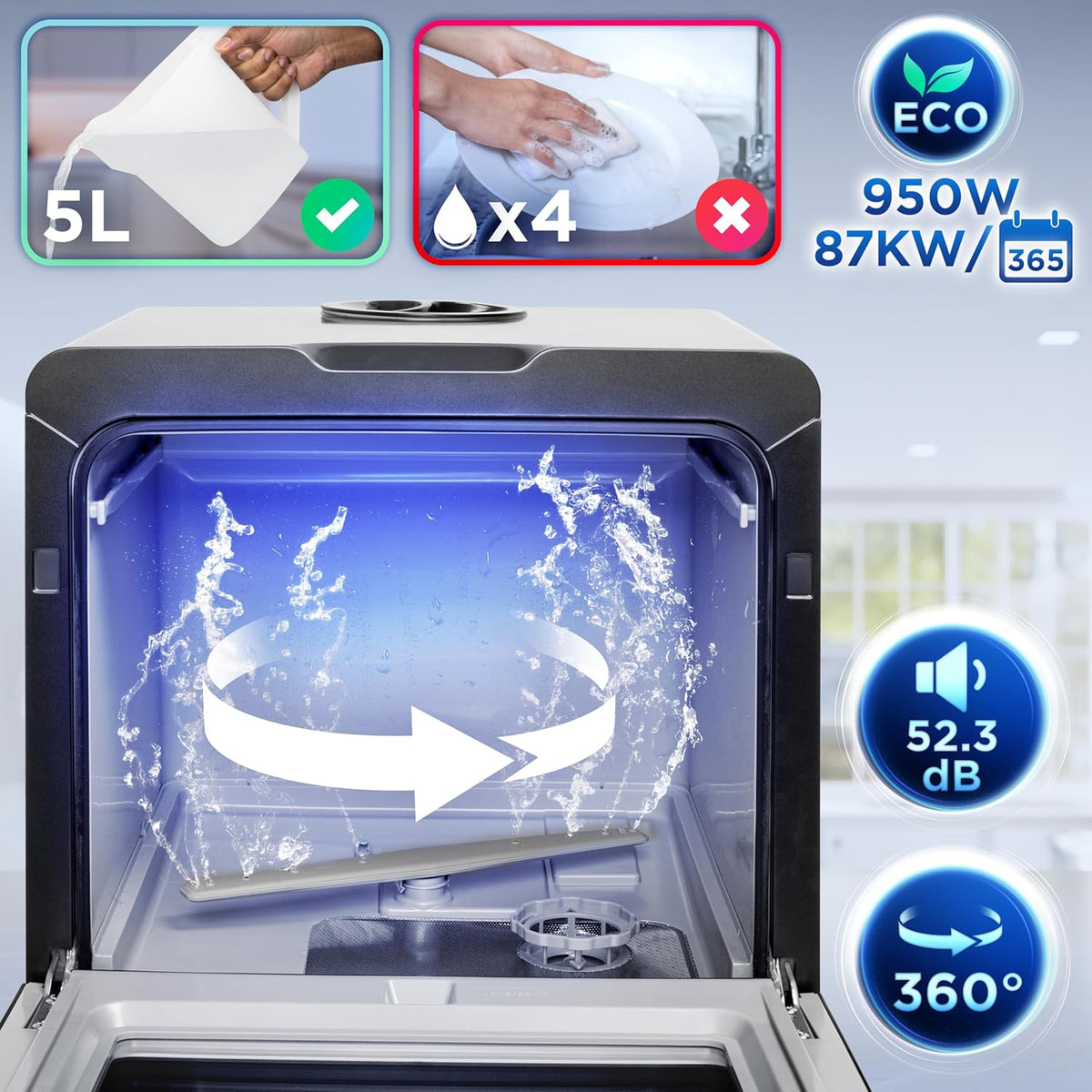 Duronic DW5 BK Lave-vaisselle de 950 W avec lavage à 360°, remplissage manuel de 5 L d’eau, faible consommation énergétique et niveau sonore de 52,3 dB.
