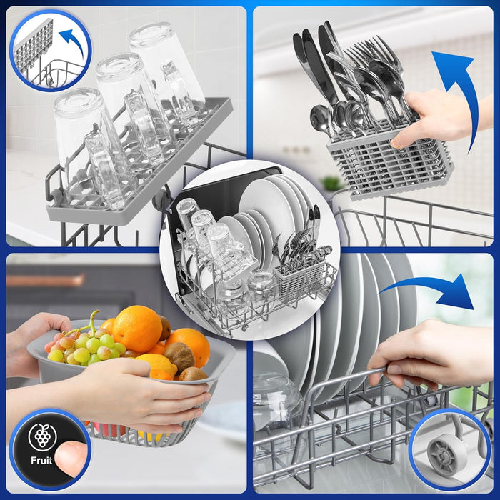 Duronic DW5 BK montrant des paniers amovibles et réglables pour organiser et laver facilement les verres, les couverts, les assiettes et les fruits.
