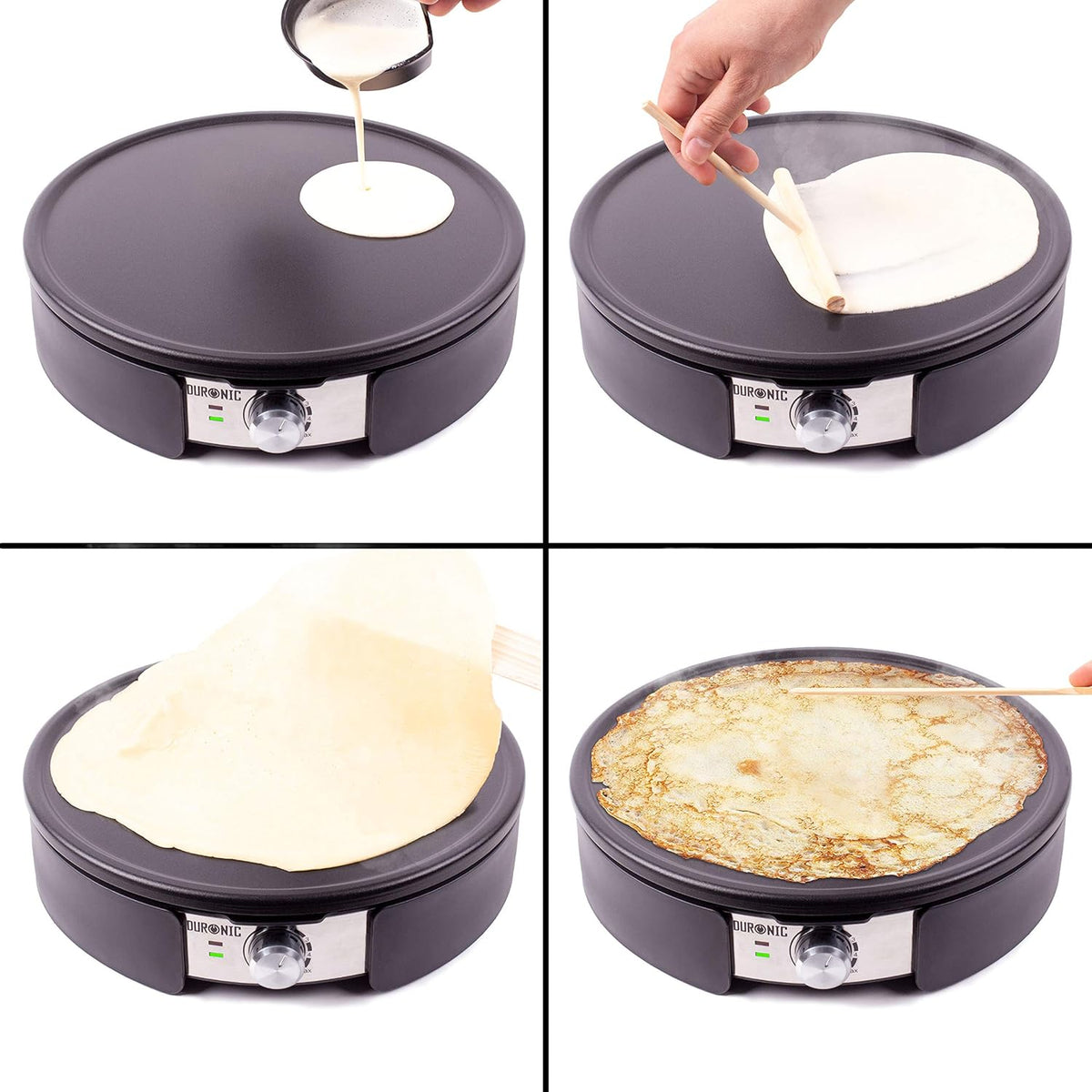 Duronic PM152 montre les étapes de préparation d’une crêpe.