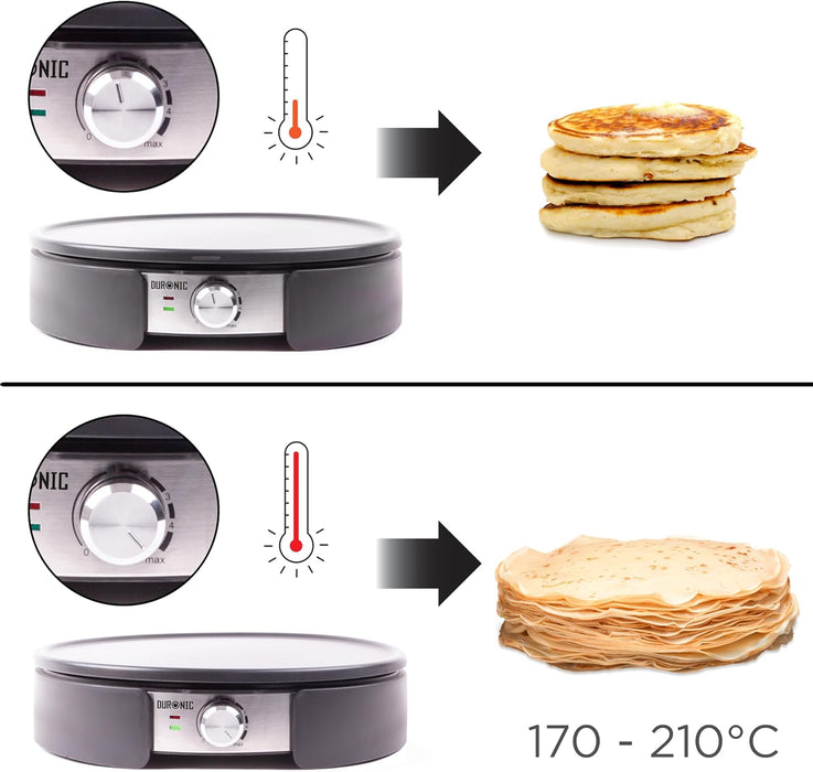 Duronic PM152 montre une température réglable pour cuire crêpes et pancakes.