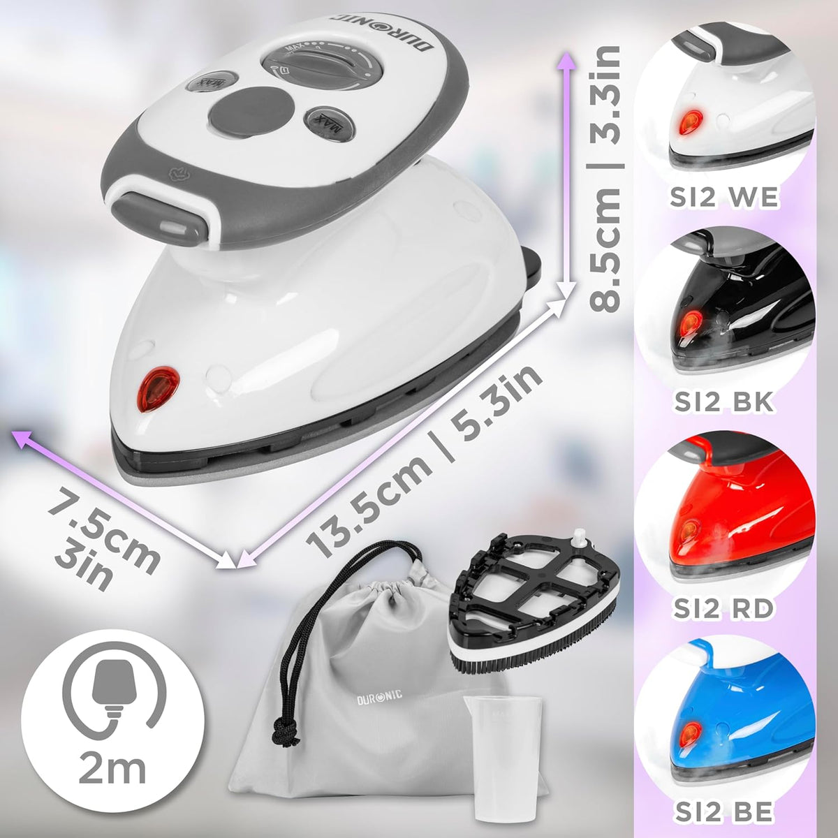 Duronic SI2 WE montrant les dimensions du fer à repasser, ses accessoires et les différentes couleurs disponibles.