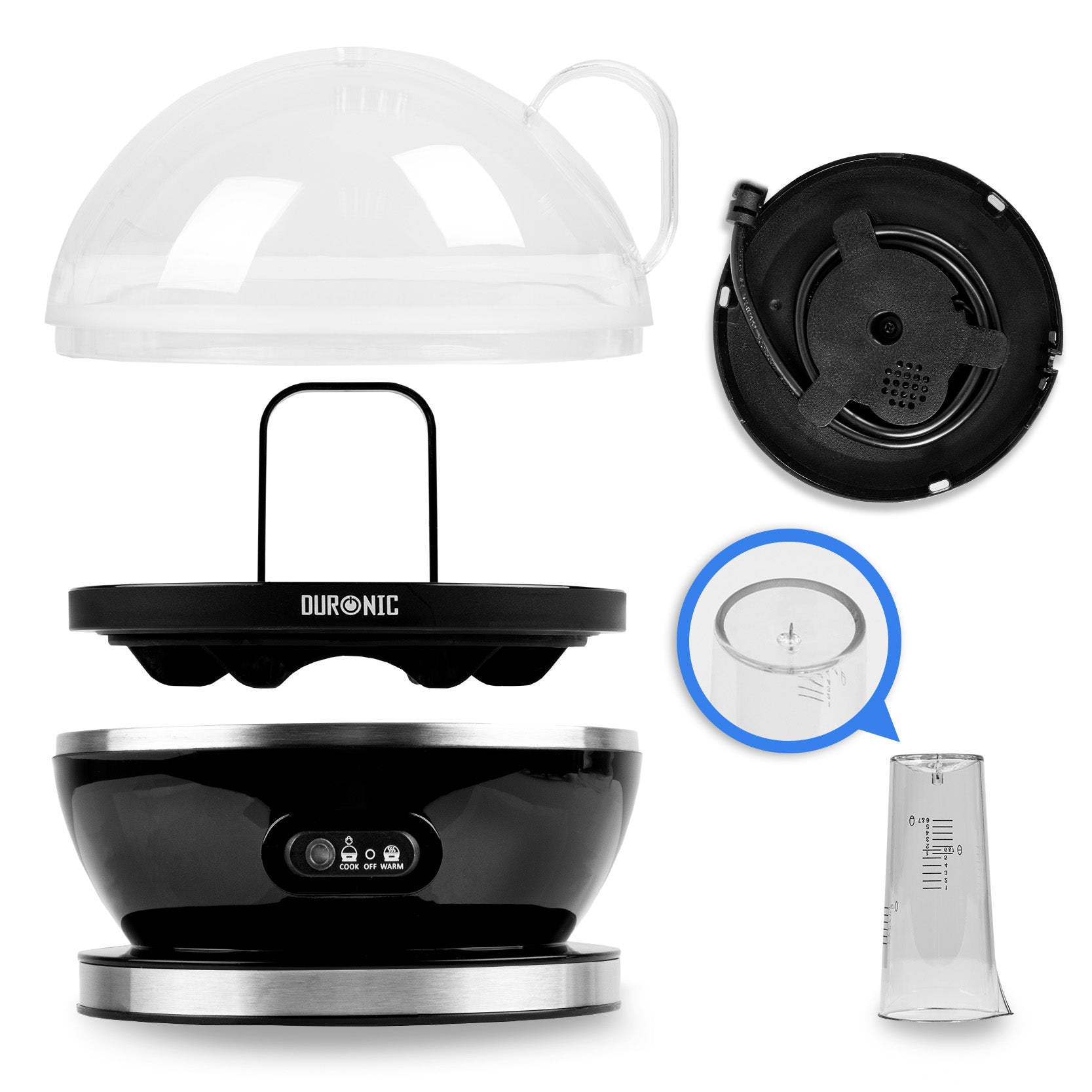 Duronic EB27 BK Cuiseur à œufs 400W 1 à 7 oeufs Thermostat et minuteur pour obtenir œufs durs ou mollets ou à la coque avec fonction dédiée pour préparer 2 types de cuisson Sans BPA