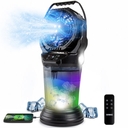Duronic FM6 BK Ventilateur de brume rechargeable Réservoir d’eau 2 litres 4 vitesses Télécommande incluse Lumières LED Lampe torche d’urgence Ventilateur portable extérieur camping pique-nique