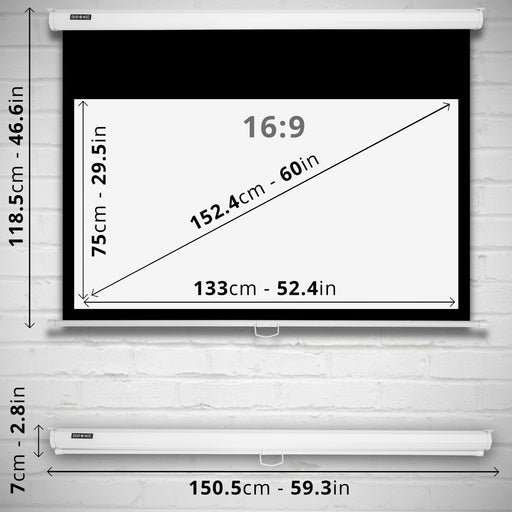 Duronic MPS60 16/9 WE Ecran de Projection TV et Home Cinema de 60 Pouces 152 cm ou 133 x 75 cm Fixation Mur ou Plafond Déroulement Manuel Gain +1 idéal pour 3D 8K 4K 1080P