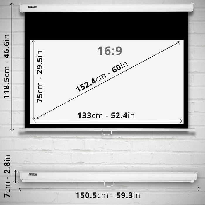Duronic MPS60 16/9 WE Ecran de Projection TV et Home Cinema de 60 Pouces 152 cm ou 133 x 75 cm Fixation Mur ou Plafond Déroulement Manuel Gain +1 idéal pour 3D 8K 4K 1080P