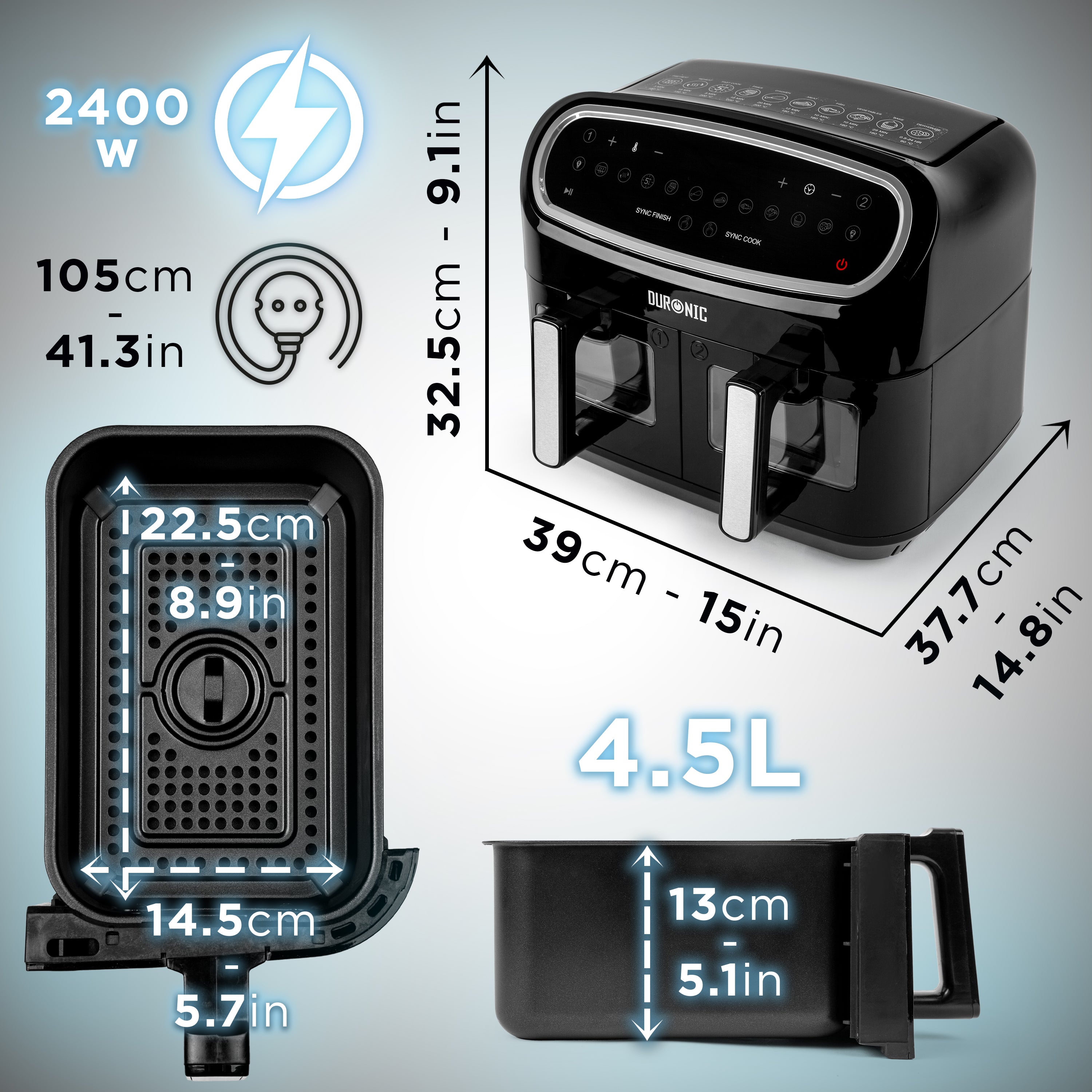 Duronic AF24 Friteuse à air de 2400 W | Deux tiroirs de cuisson de 5 litres chacun | Fonctions Sync Cook et Sync Finish | 10 modes de cuisson préréglés | Sans huile | Commande numérique tactile