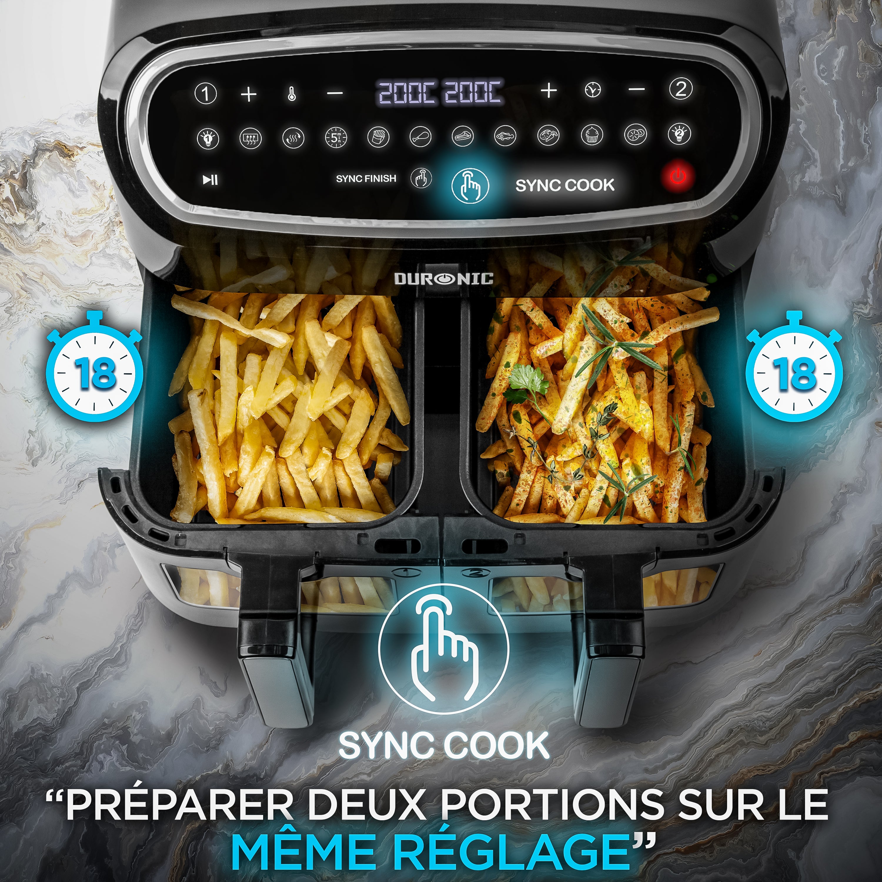 Duronic AF24 Friteuse à air de 2400 W | Deux tiroirs de cuisson de 5 litres chacun | Fonctions Sync Cook et Sync Finish | 10 modes de cuisson préréglés | Sans huile | Commande numérique tactile