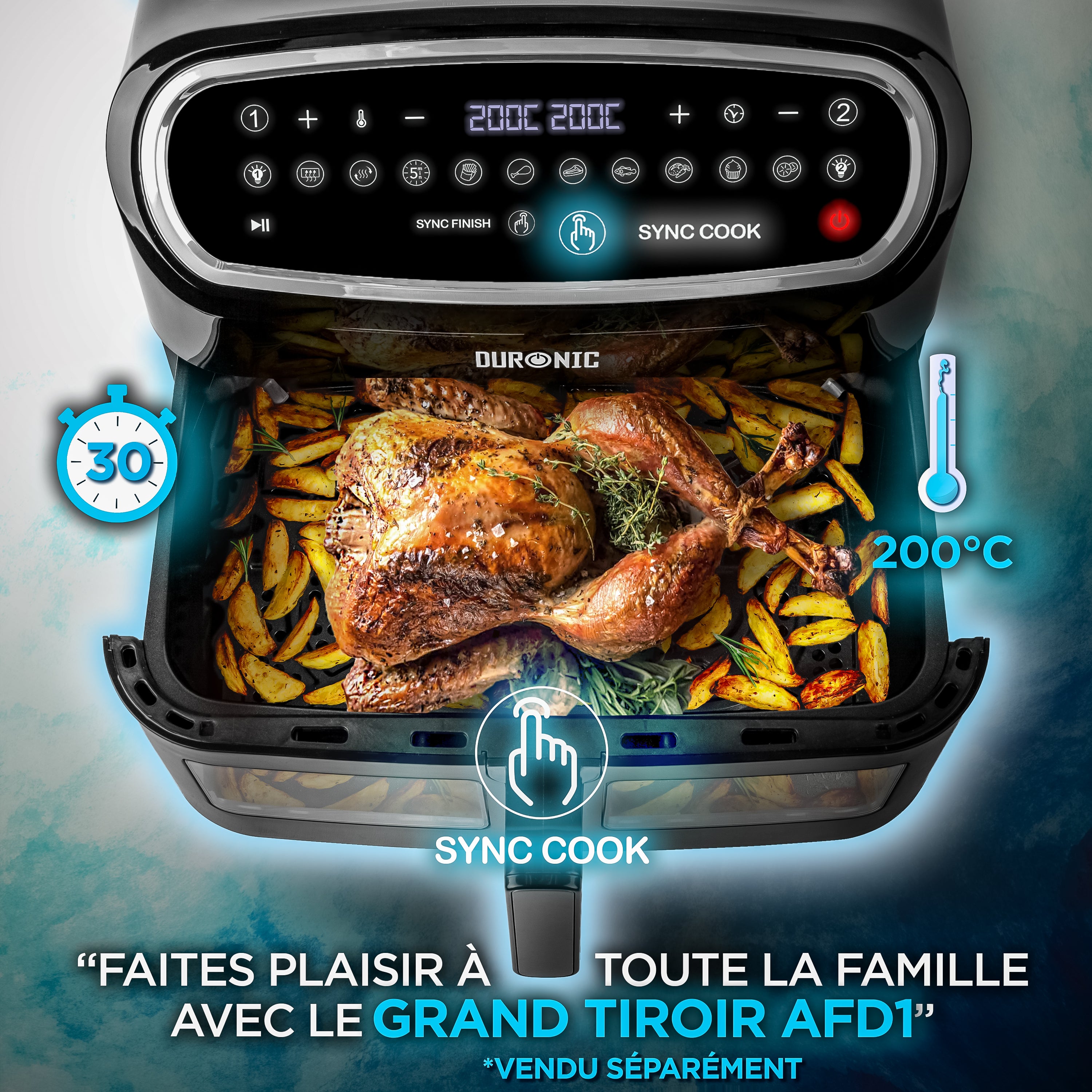 Duronic AF24 Friteuse à air de 2400 W | Deux tiroirs de cuisson de 5 litres chacun | Fonctions Sync Cook et Sync Finish | 10 modes de cuisson préréglés | Sans huile | Commande numérique tactile