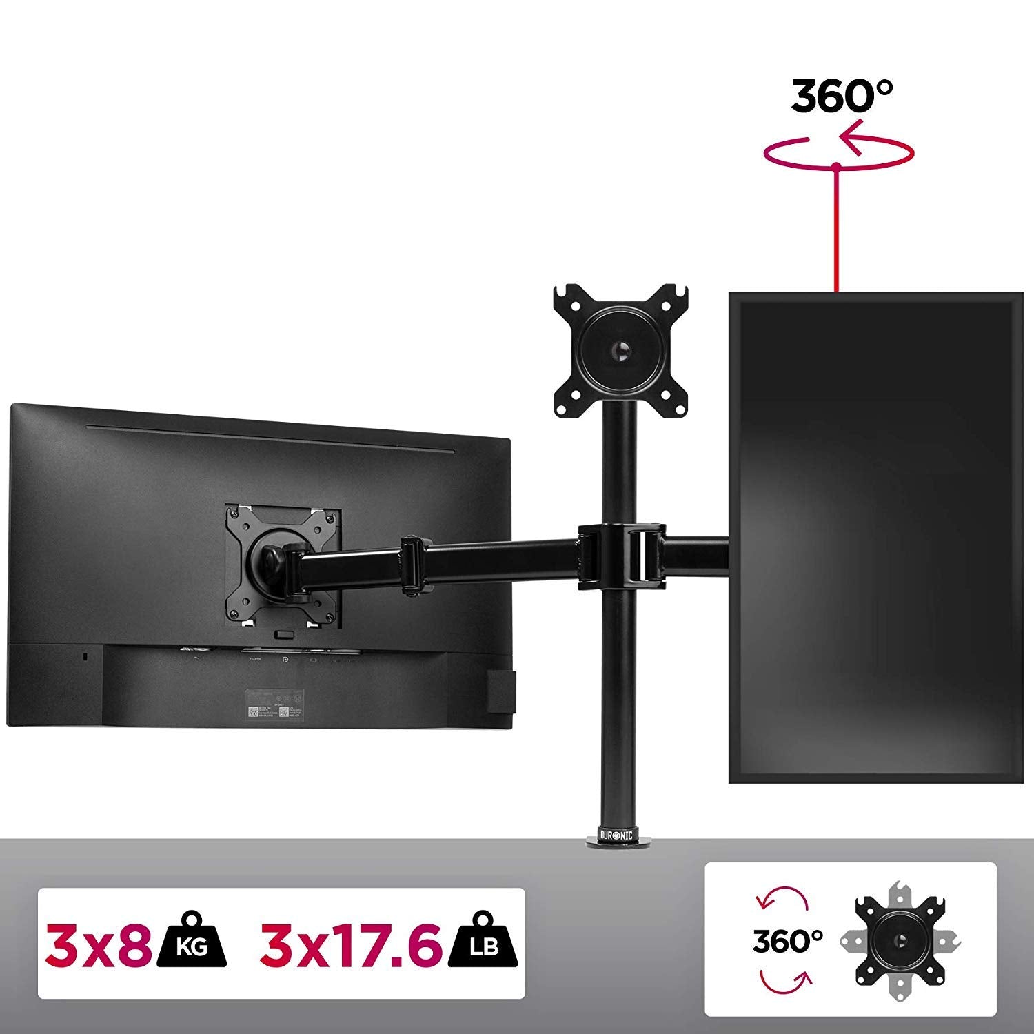 Duronic DM253 Support 3 écrans PC à Pince pour Bureau | Hauteur Ajustable | Rotatif/Inclinable/Pivotable | Compatibilité Universelle avec Moniteur d'Ordinateur LCD/LED VESA 75/100