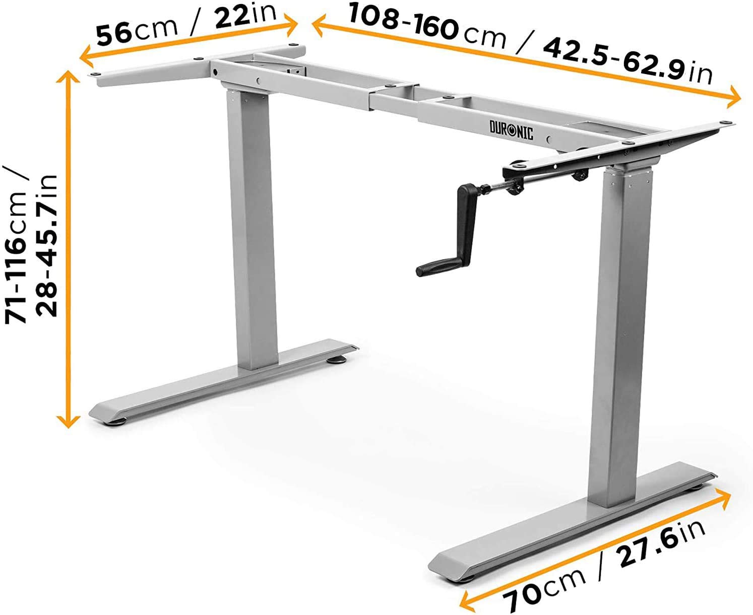 Duronic TM00 GY Bureau Assis-Debout gris | Structure de bureau à hauteur ajustable 71 - 116 cm | Manuel | Acier | Supporte 60 kg | Station de travail ergonomique | Plateau disponible séparément