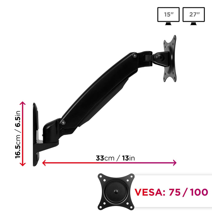 Duronic DM55W1X1 Support mural d'écran PC | Mécanisme à ressort | Ajustement à la volée | Hauteur ajustable | Compatibilité avec moniteur VESA 75/100 | Fixation au mur | Passe câble inclus | Aluminium