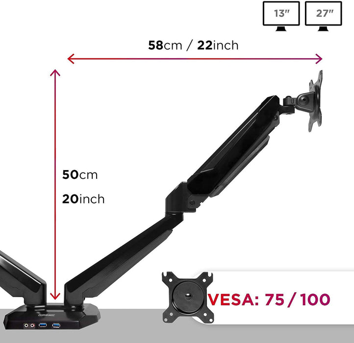 Duronic DMUSB5X2 Support pour 2 Ecrans à Pince pour Bureau – Mécanisme à gaz – Ajustement à la volée – 2 Ports USB et 2 Prises Jack pour Casque et Microphone – Compatibilité VESA 75/100