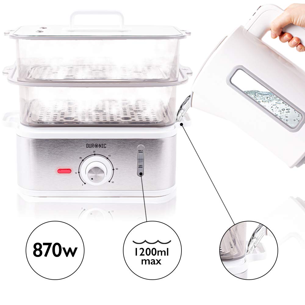 Duronic FS87 Cuiseur vapeur électrique 870W à 3 niveaux | Capacité 10,6 litre | Minuteur | sans bisphénol | Idéal pour cuire viandes, poissons, légumes, pommes de terre, couscous sans matière grasse
