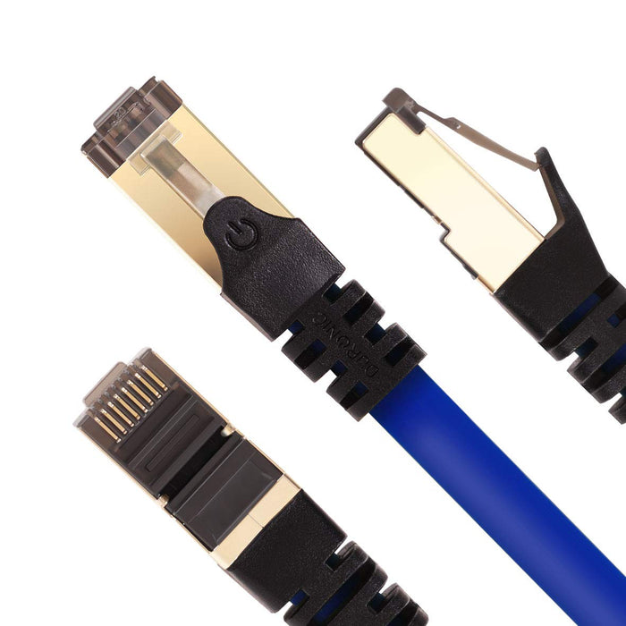 Duronic CAT8 BE Câble Ethernet 0,5 M Bleu | S/FTP paire torsadée écrantée et blindée | Bande passante 2GHz / 2000 MHz | Transmission des données 40 Gigabits | Connecteurs RJ45 en or avec manchon
