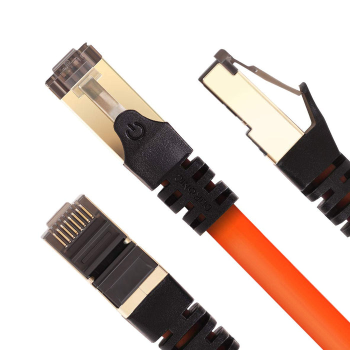 Duronic CAT8 OE Câble Ethernet 1 M Orange | S/FTP paire torsadée écrantée et blindée | Bande passante 2GHz / 2000 MHz | Transmission des données 40 Gigabits | Connecteurs RJ45 en or avec manchon