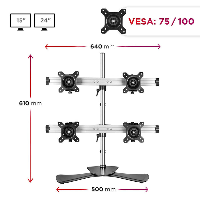 Duronic DM754 Support Quadruple 4 écrans PC sur Socle | Hauteur Ajustable | Rotatif et Inclinable | Compatibilité avec Moniteur VESA 75/100 | Potence et Bras en Aluminium | Passe câbles Inclus