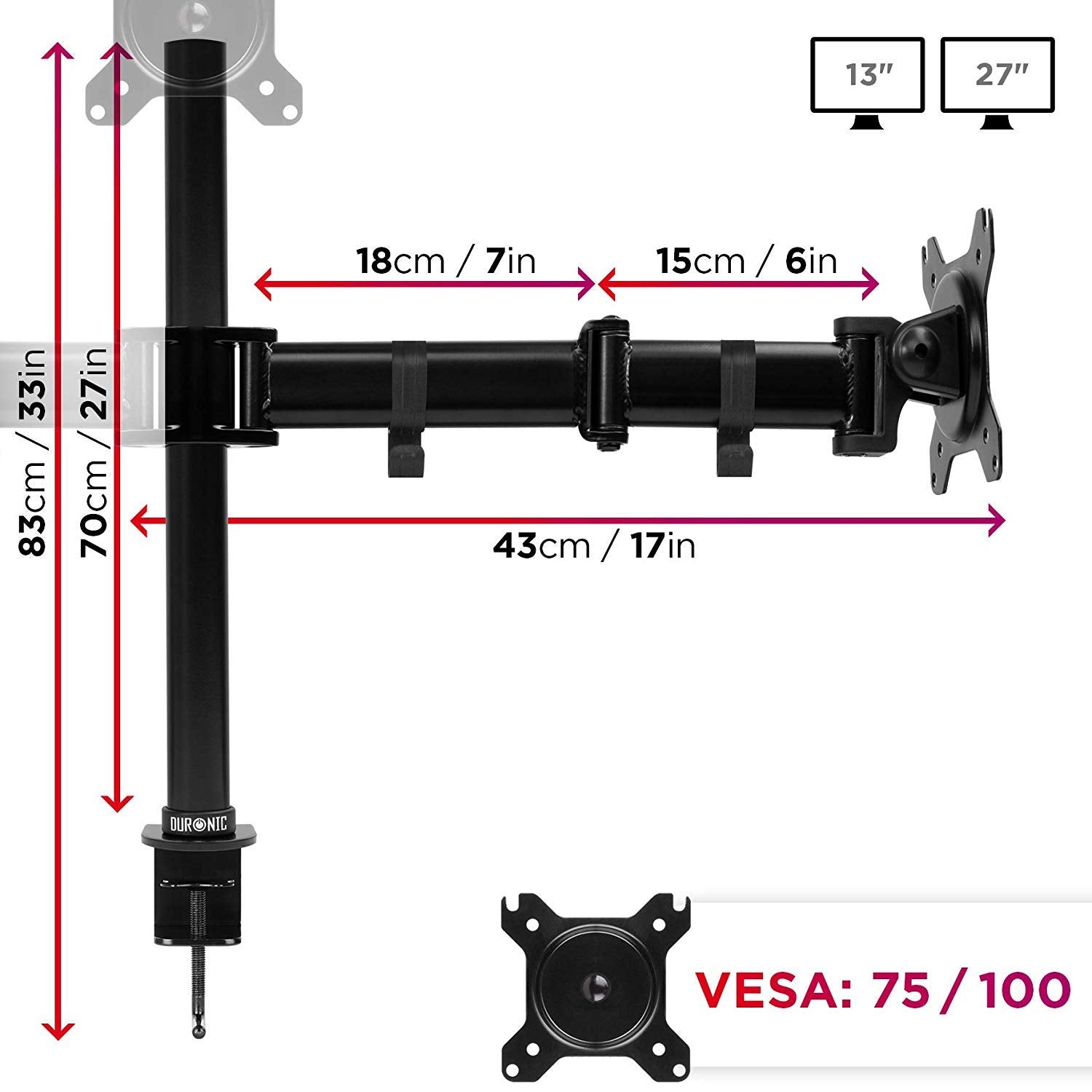 Duronic DM253 Support 3 écrans PC à Pince pour Bureau | Hauteur Ajustable | Rotatif/Inclinable/Pivotable | Compatibilité Universelle avec Moniteur d'Ordinateur LCD/LED VESA 75/100