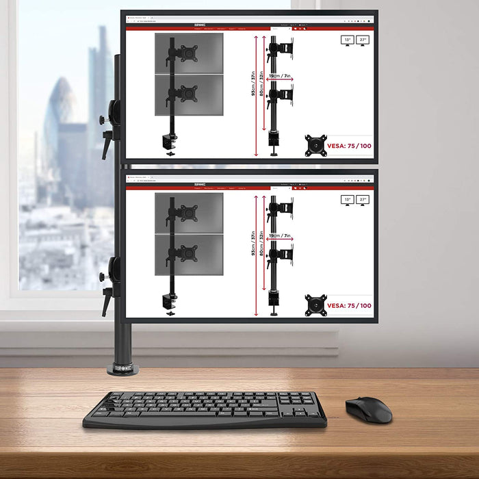 Duronic DM35V2X2 Support vertical pour 2 deux écrans à pince pour bureau | Hauteur ajustable | Inclinable / Pivotable | Compatibilité universelle avec moniteur VESA 75/100 | 1 Extension | Aluminium