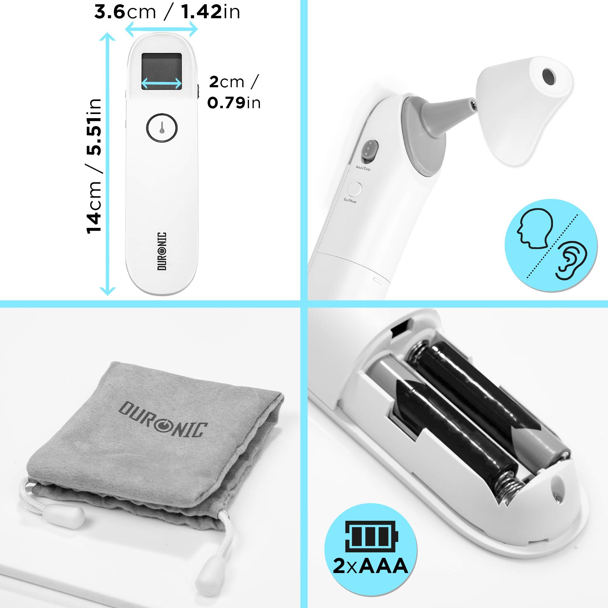 Duronic IRT3W Thermomètre Infrarouge 3 en 1 Température par l'Oreille et Le Front Modes Adultes Enfants Objets Mesure sans Contact Fonction de mémorisation Alerte de fièvre Pochette