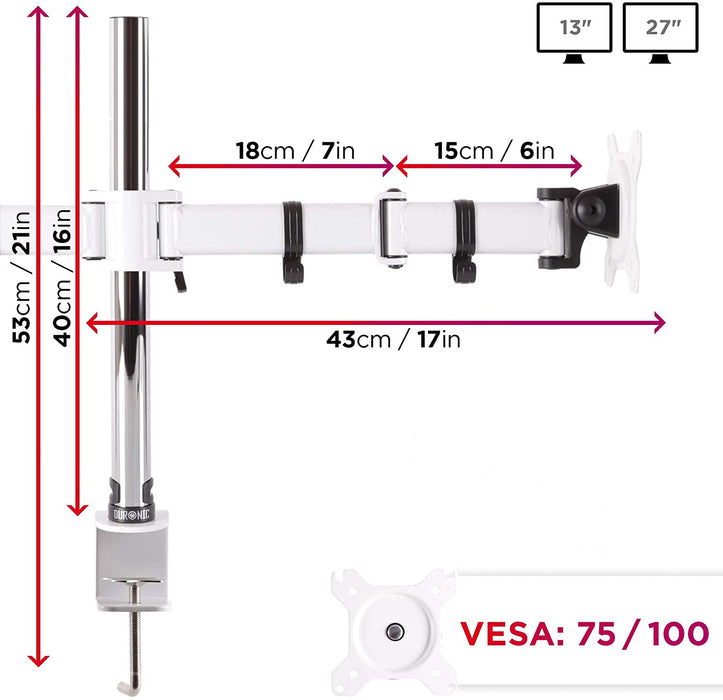 Duronic DM252 WE Support de 2 moniteurs à pince pour bureau - Hauteur ajustable -Rotatif / Pivotable / Inclinable-Compatible avec moniteur d’ordinateur LCD / LED VESA 75 / 100-Potence et bras en acier