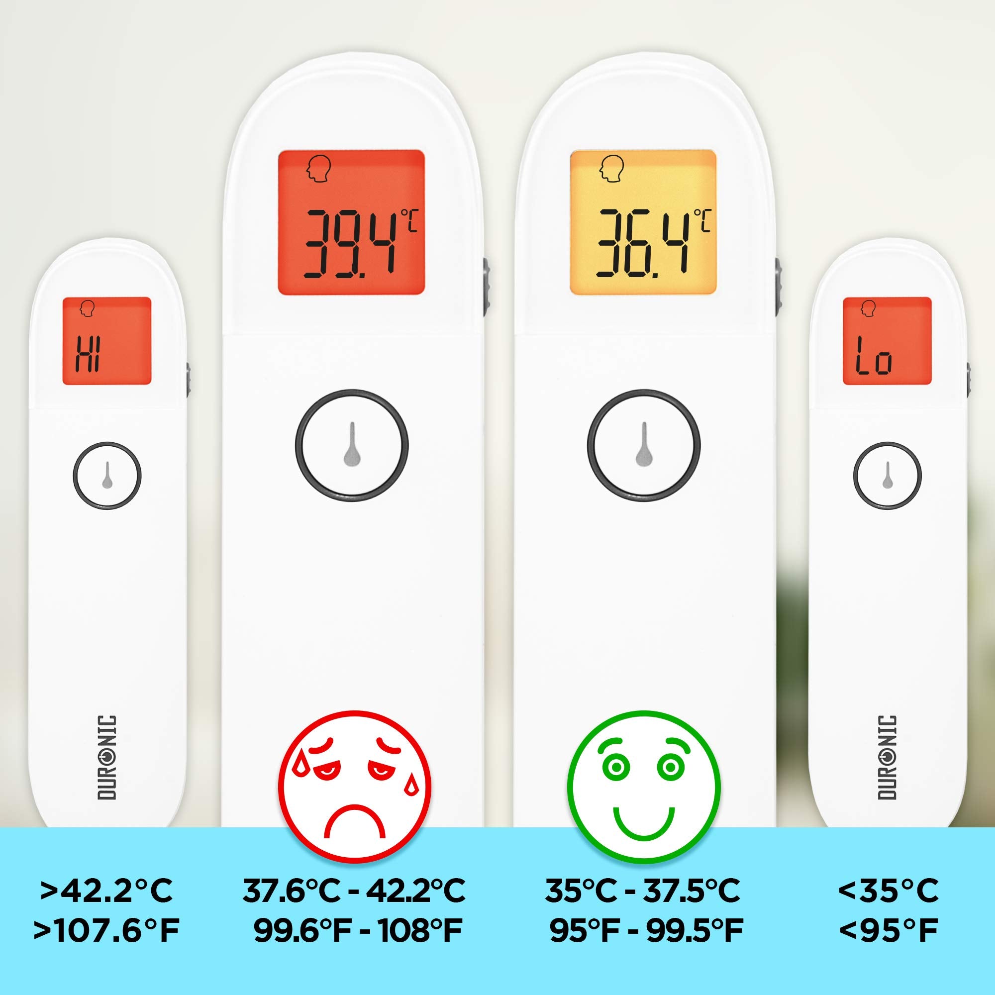 Duronic IRT3W Thermomètre Infrarouge 3 en 1 Température par l'Oreille et Le Front Modes Adultes Enfants Objets Mesure sans Contact Fonction de mémorisation Alerte de fièvre Pochette