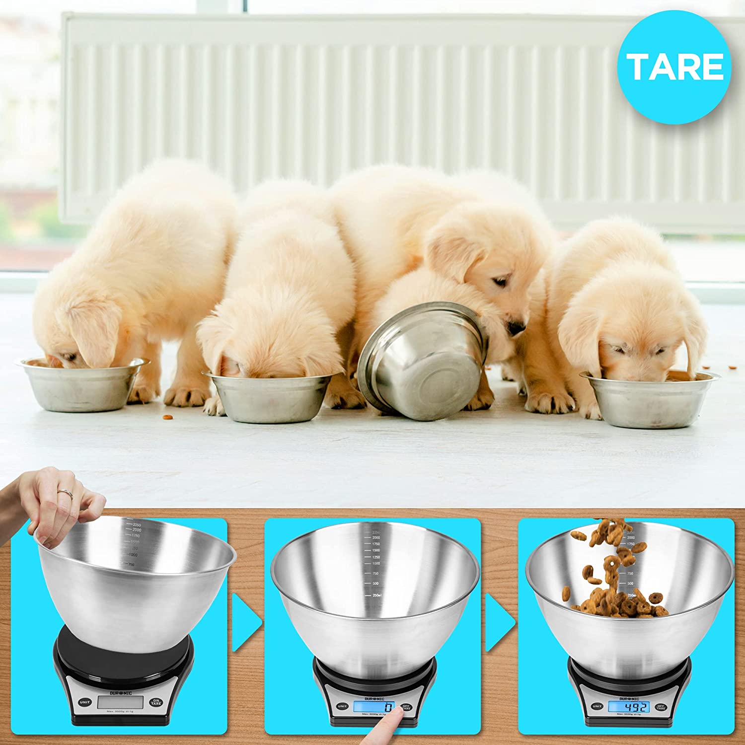 Duronic KS6000 BK/SS Balance de cuisine noire | Capacité de 5 kg | Large écran rétroéclairé | Bol en inox de 2,5 L inclus | Fonction d’ajout de poids | Précision à 1 g | Idéale pour la pâtisserie