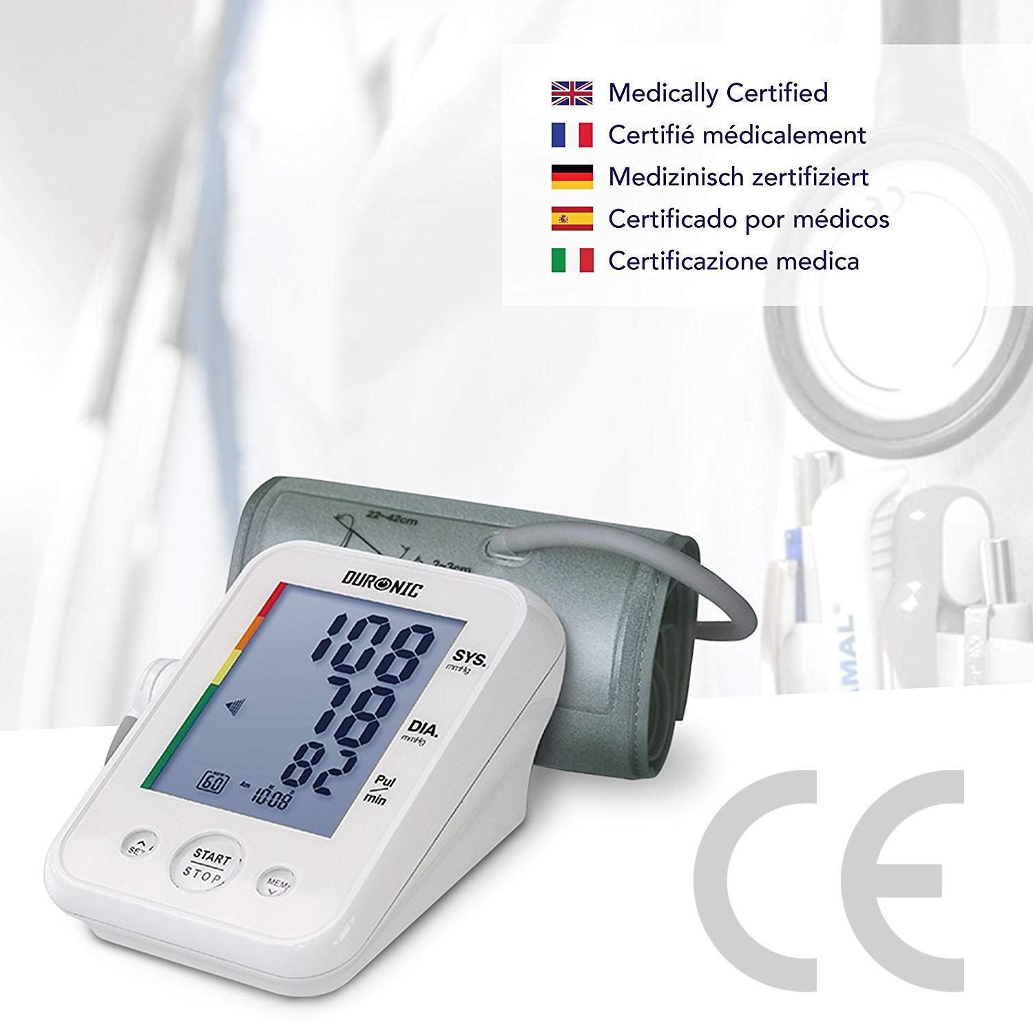 Duronic BPM150 Tensiomètre électronique pour bras avec brassard ajustable 22-42 cm - Mesure automatique de la tension artérielle - Certifié Médicalement - Large écran LCD