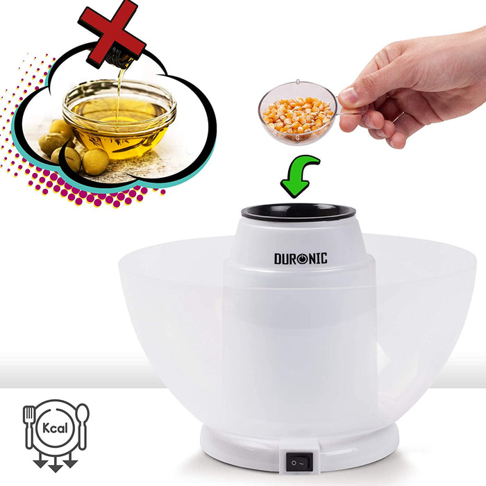Duronic POP50 WE Appareil à Popcorn - Capacité de 50 g avec bol démontable - Cuisson électrique à air chaud de maïs soufflé sans huile - Faible en calories