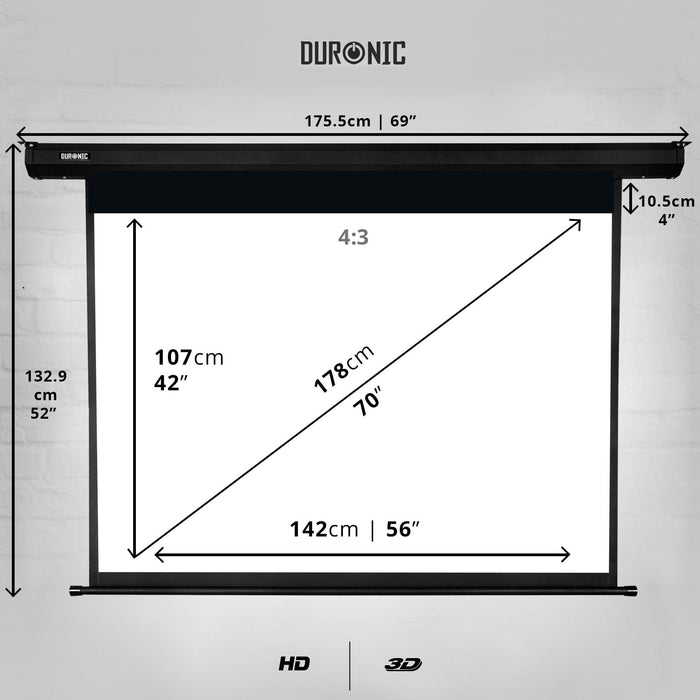 Duronic EPS70 /43 Ecran de Projection électrique 70 Pouces 4:3/142 x 107 cm - Fixation Mur ou Plafond - 4K Full HD 3D