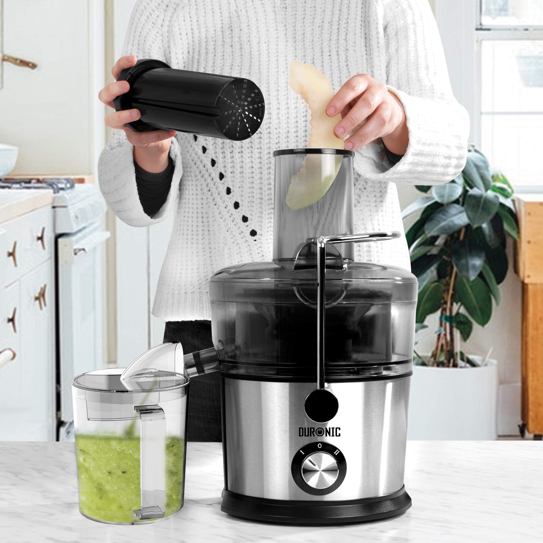 Duronic JE7C Centrifugeuse à jus de 800W pour fruits et légumes entiers - Large ouverture de 85 mm - Bec verseur anti-gouttes - Préparez vos jus fait-maison sans additifs, colorants ou sucre ajouté