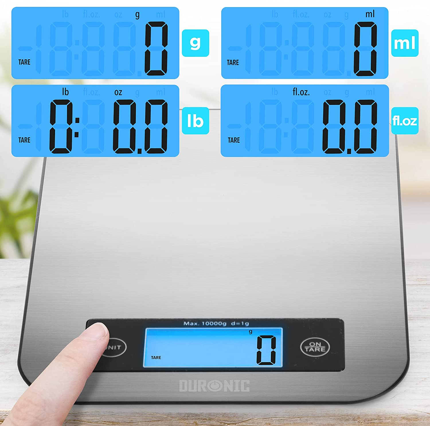 Duronic KS1007 Balance de cuisine | Capacité de 10 kg | Large écran rétroéclairé | 2 touches | Fonction d’ajout de poids | Précision à 1 g