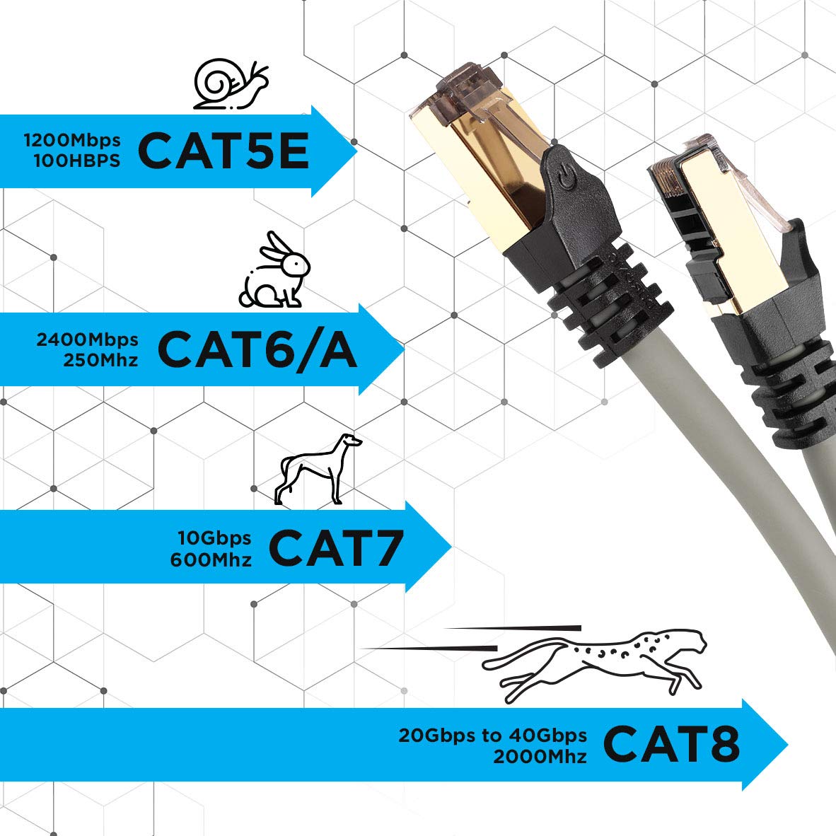 Duronic CAT8 GY Câble Ethernet 5 M Gris | S/FTP paire torsadée écrantée et blindée | Bande passante 2GHz / 2000 MHz | Transmission des données 40 Gigabits | Connecteurs RJ45 en or avec manchon