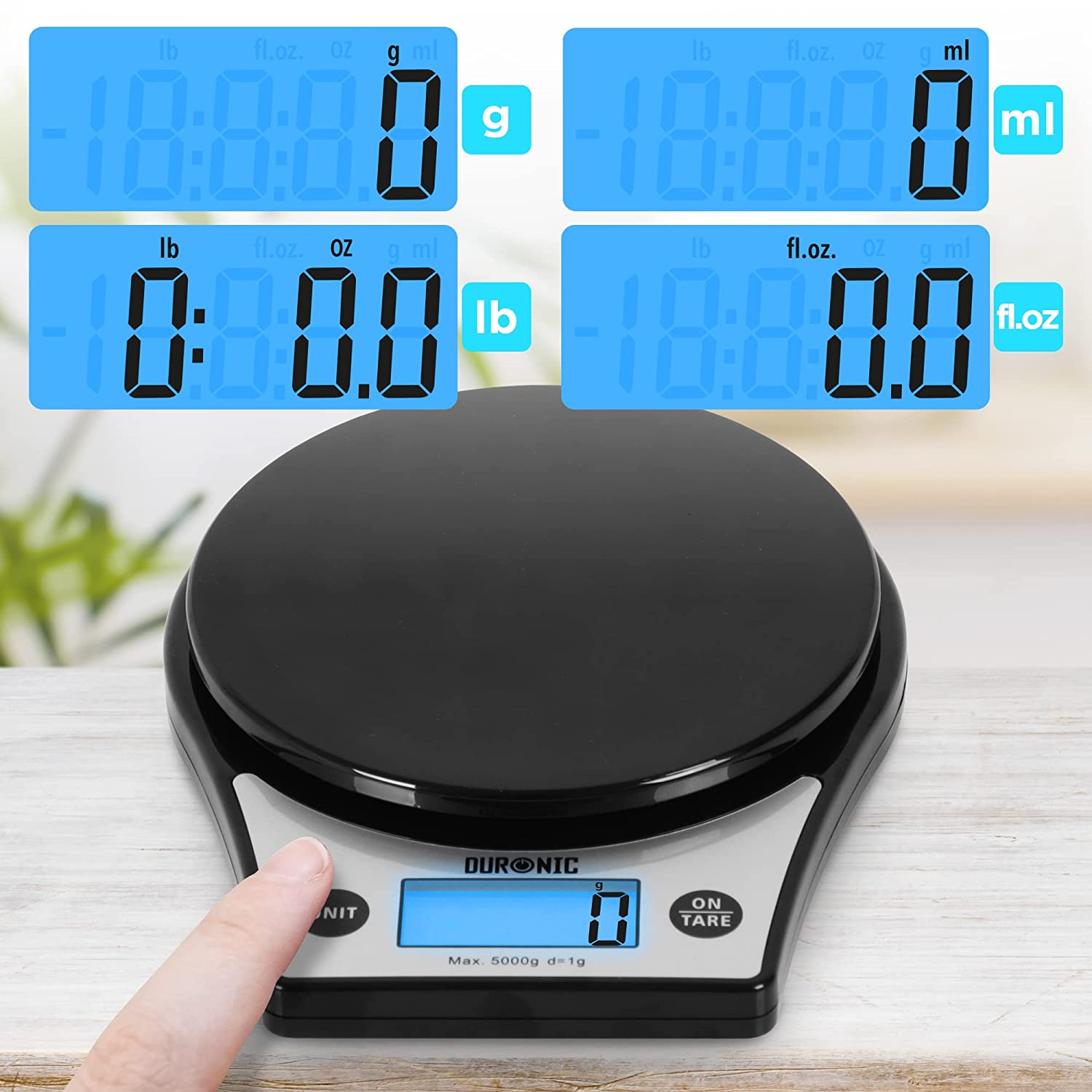 Duronic KS6000 BK/SS Balance de cuisine noire | Capacité de 5 kg | Large écran rétroéclairé | Bol en inox de 2,5 L inclus | Fonction d’ajout de poids | Précision à 1 g | Idéale pour la pâtisserie
