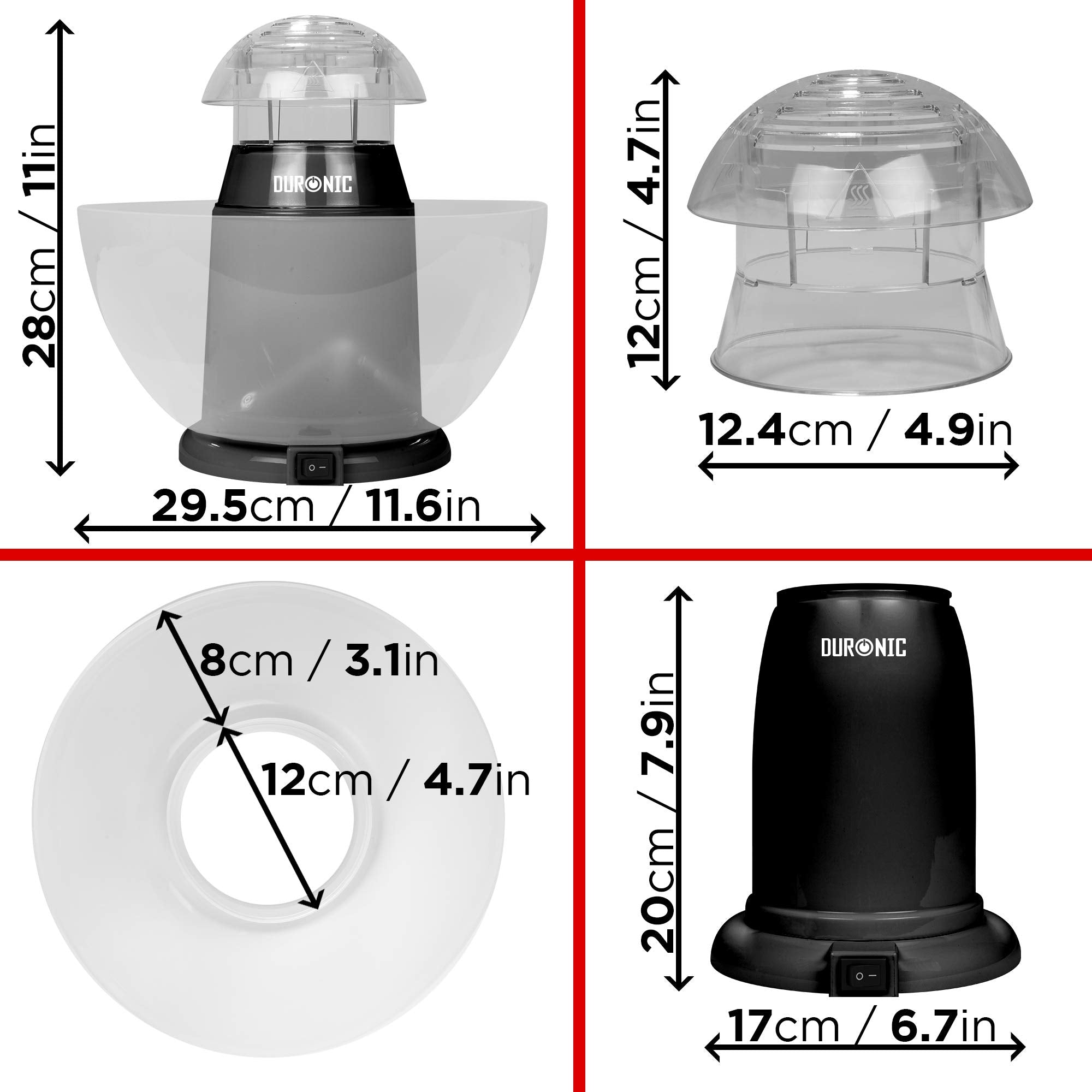 Duronic POP50 BK Appareil à Popcorn - Capacité de 50 gr avec bol démontable - Cuisson électrique à air chaud de mais soufflé sans huile - Faible en calories