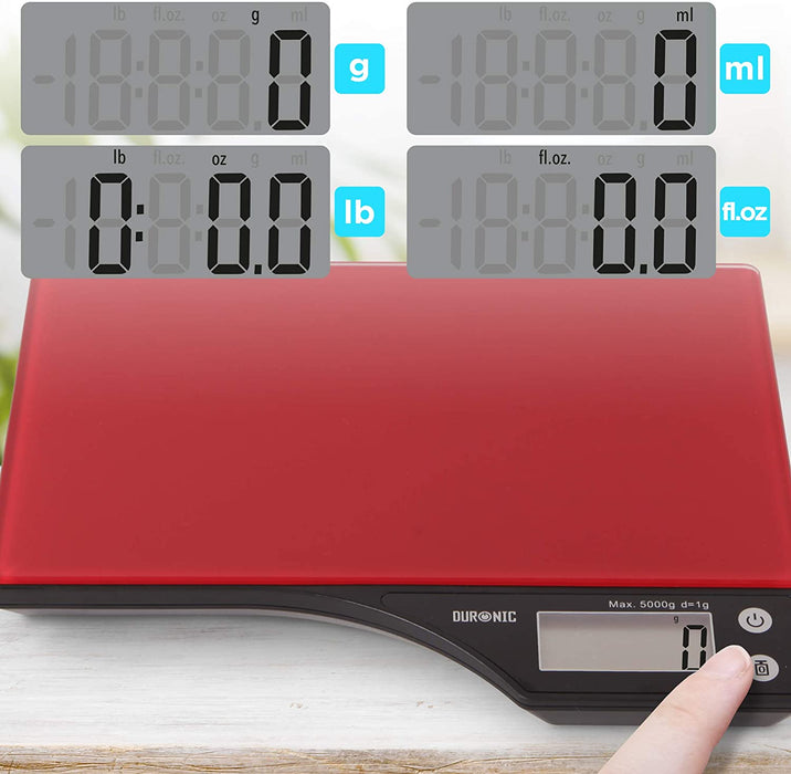 Duronic KS350 Balance de cuisine en verre rouge | Capacité de 5 kg | Affichage digital | 2 touches | Fonction d’ajout de poids | Précision à 1 g | Idéale pour la pâtisserie ou comme balance postale