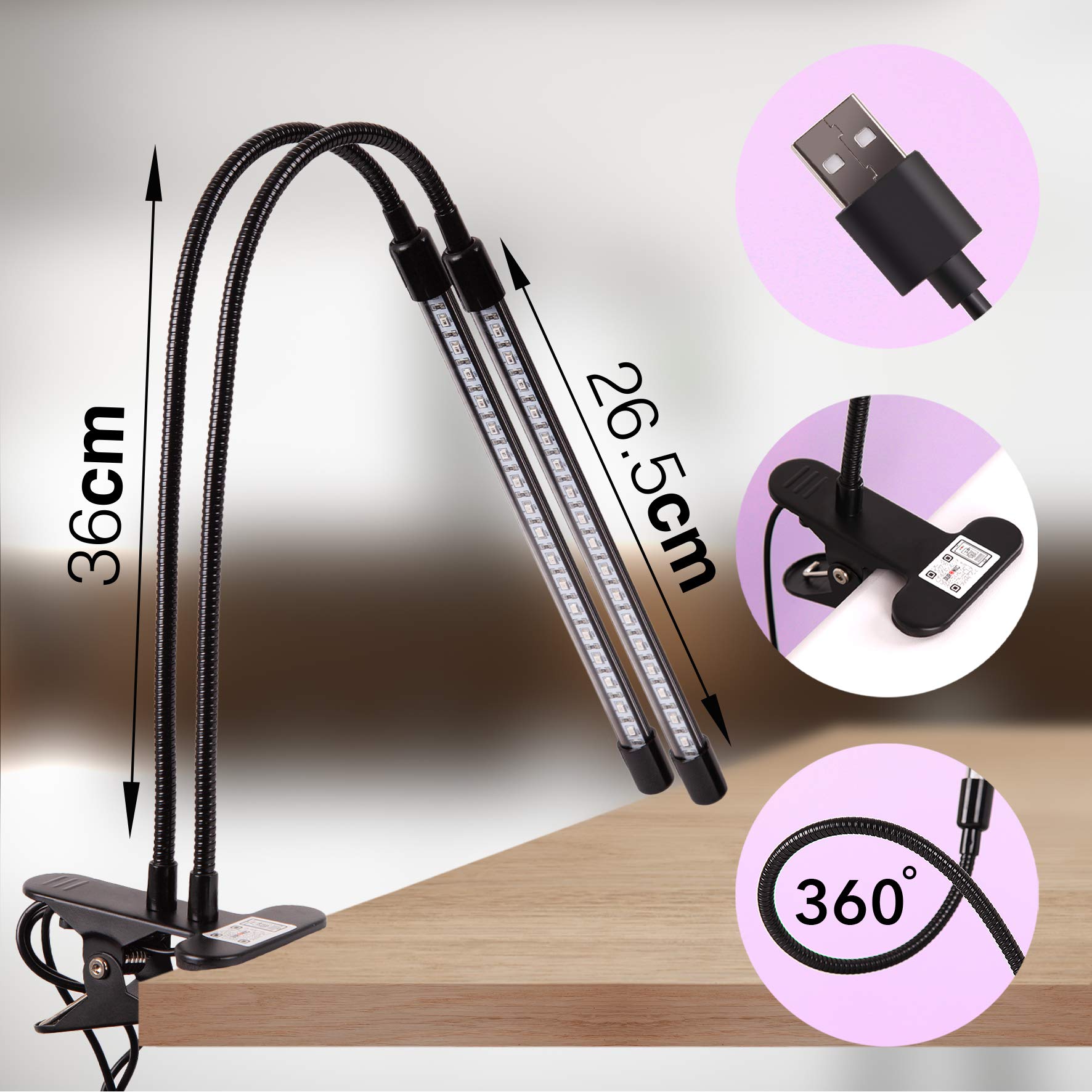 Duronic GLC24 Lampe de croissance horticole double à pince 40W | Ampoules LED | 3 modes : bleu, rouge, mixte | Intensité ajustable | Prise USB | Lumière de culture pour plante fruit légume fleur herbe