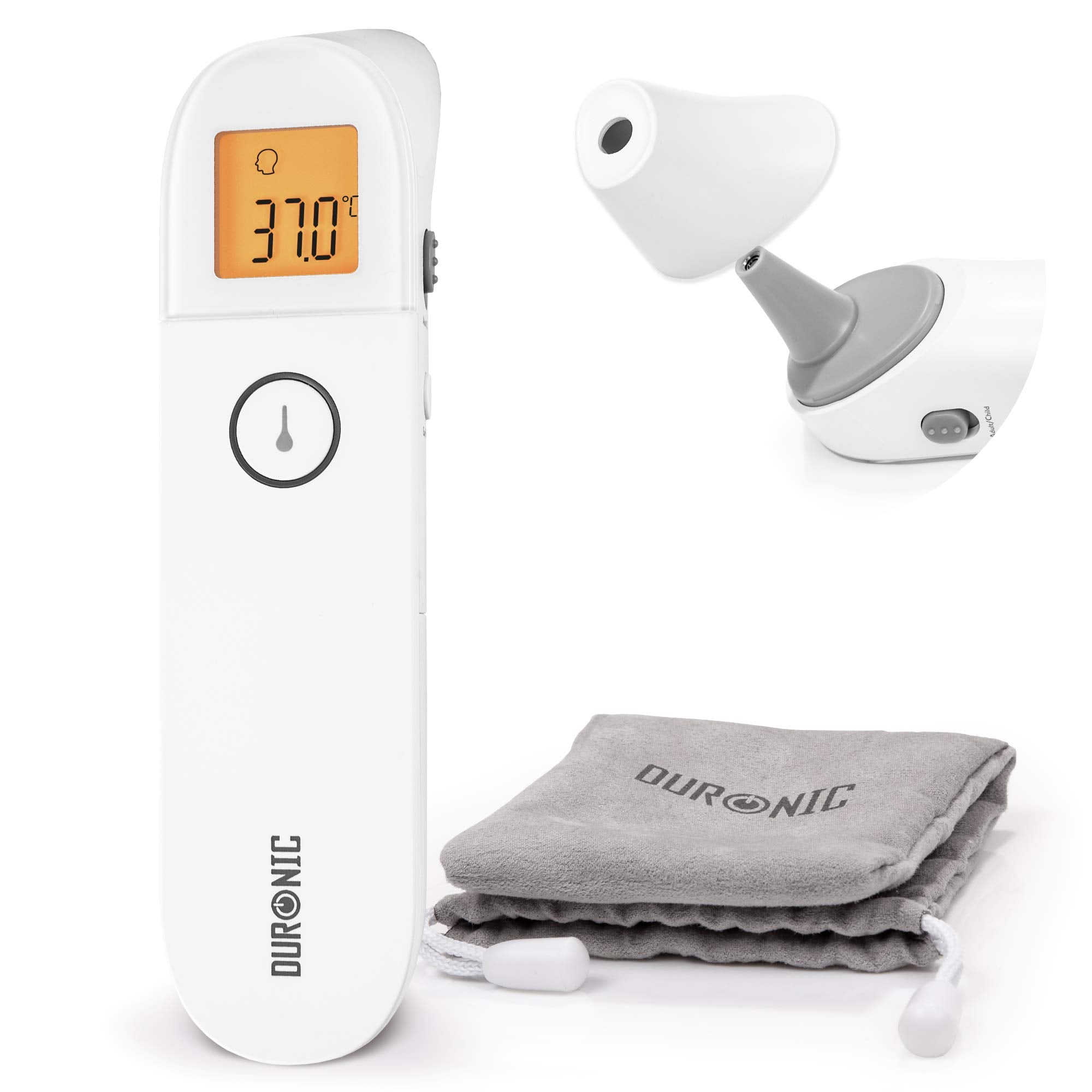 Duronic IRT3W Thermomètre Infrarouge 3 en 1 Température par l'Oreille et Le Front Modes Adultes Enfants Objets Mesure sans Contact Fonction de mémorisation Alerte de fièvre Pochette