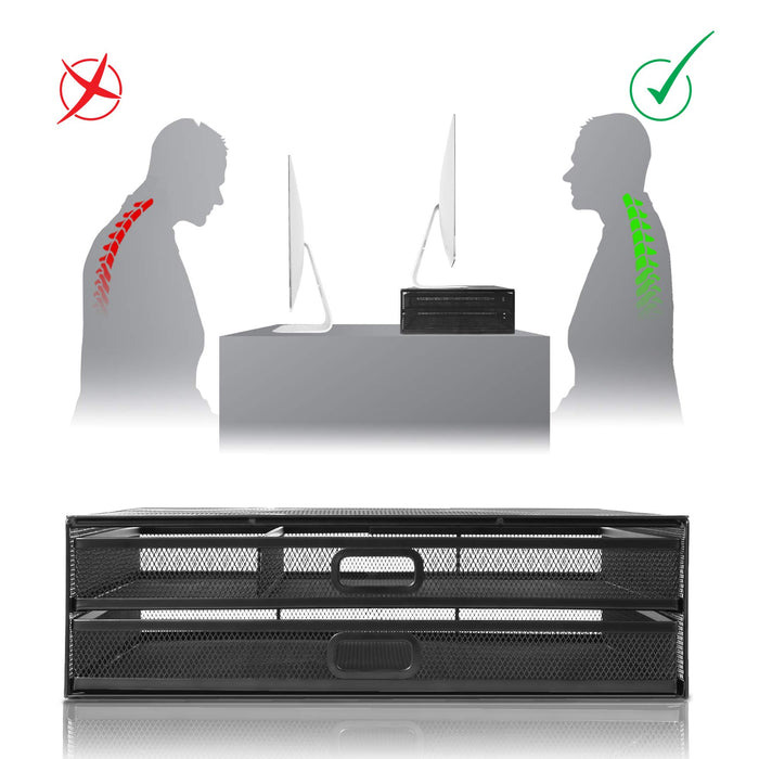 Duronic DM073 Réhausseur d'écran en métal noir | Deux tiroirs pour ranger vos objets et organiser votre espace | Hauteur de 12 cm | Capacité 10 kg | Pour moniteurs, écrans TV, PC, écrans d'ordinateurs