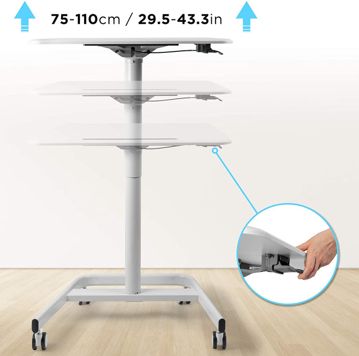 Duronic WPS77 Table de travail mobile assis-debout blanc | Support à roulettes | Support de tablette | Surface 71 x 50 cm pour PC ou vidéo projecteur | Hauteur ajustable 75 – 110 cm | Capacité 15 kg