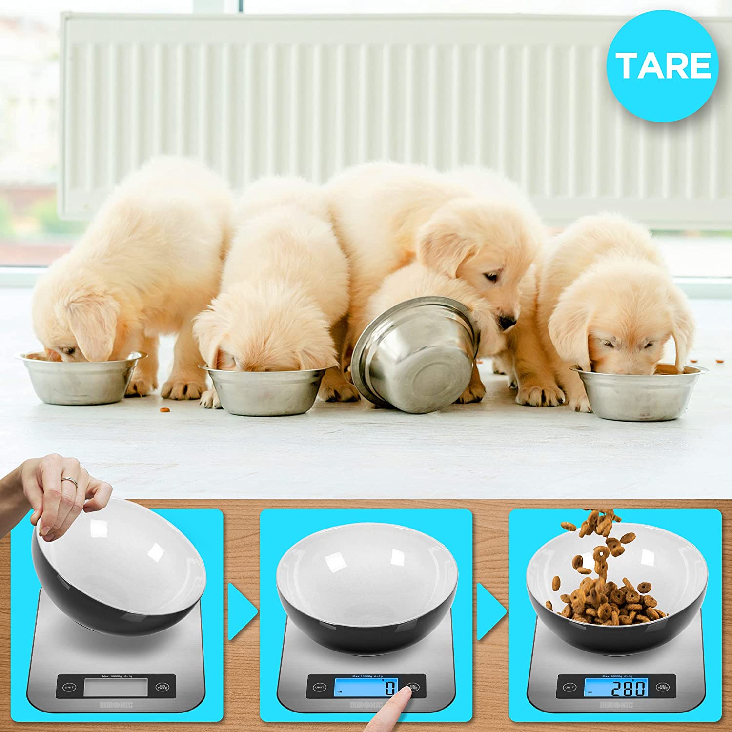 Duronic KS1007 Balance de cuisine | Capacité de 10 kg | Large écran rétroéclairé | 2 touches | Fonction d’ajout de poids | Précision à 1 g