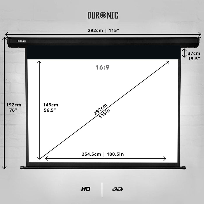 Duronic EPS115 /169 Ecran de projection électrique 115 pouces 16:9 / 254 x 142 cm - Fixation mur ou plafond - 4K Full HD 3D